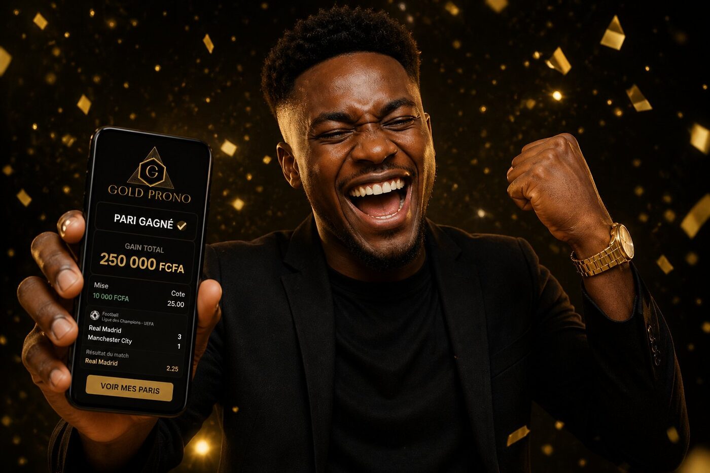 Membre Gold Prono célébrant un gain de 250 000 FCFA sur 1xBet